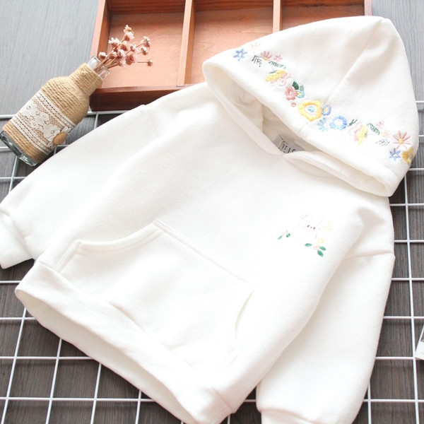 Hanorac zilnic pentru copii pentru fete cu broderie si gluga in alb si roz