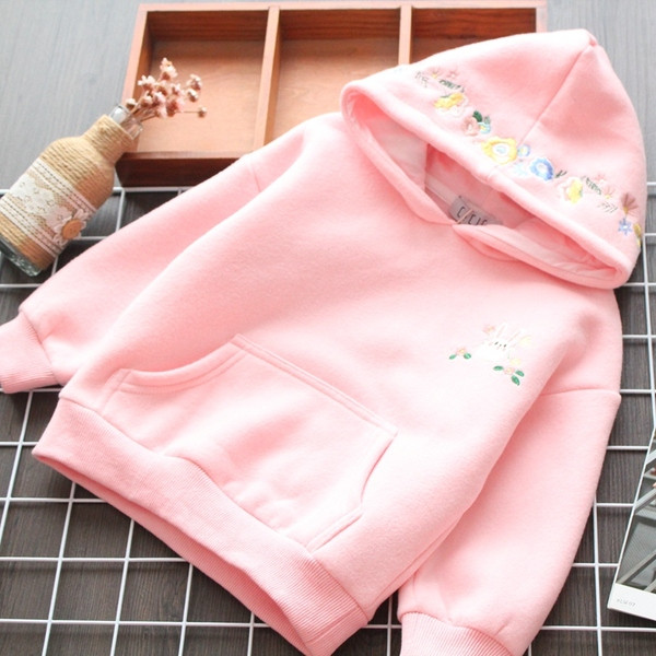 Hanorac zilnic pentru copii pentru fete cu broderie si gluga in alb si roz