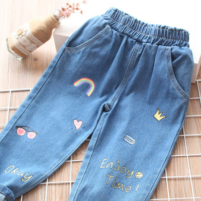 Модерни детски дънки за момичета с бродерия и джобове в син цвят