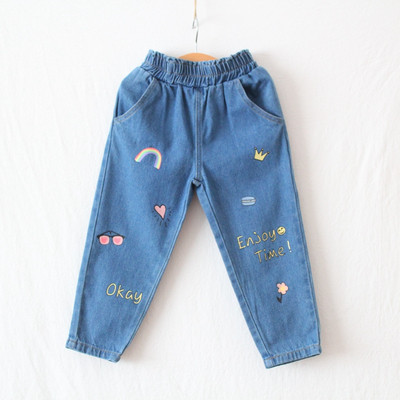 Blugi copii moderni pentru fete cu broderie si buzunare in albastru