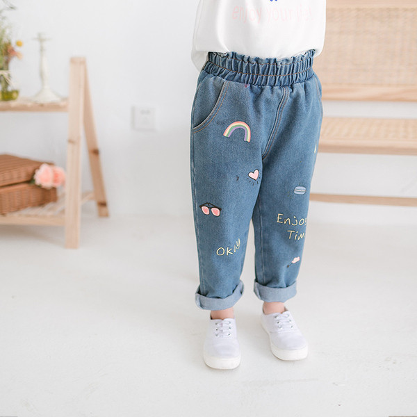 Blugi copii moderni pentru fete cu broderie si buzunare in albastru