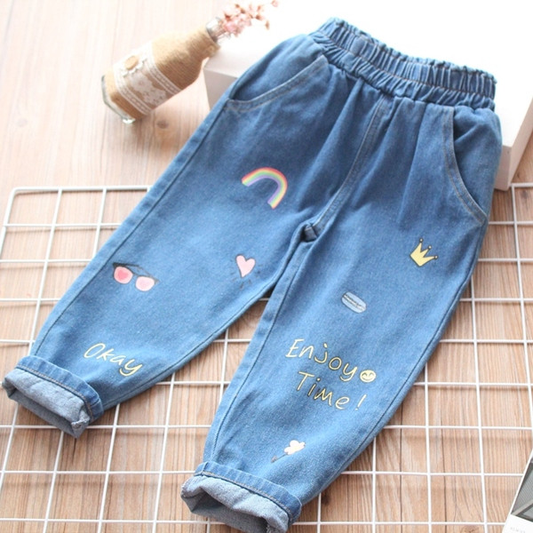 Blugi copii moderni pentru fete cu broderie si buzunare in albastru