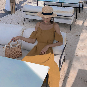 Rochie moderna de dama lunga de culoare galbena cu bretele subtiri