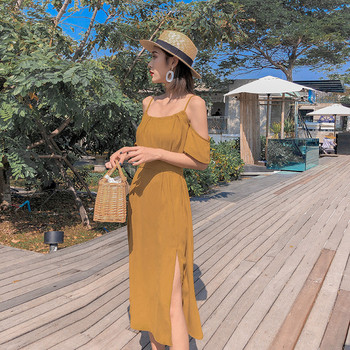 Rochie moderna de dama lunga de culoare galbena cu bretele subtiri