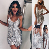 Rochie de dama eleganta cu paiete si bretele subtiri si culoare argintie