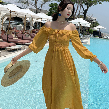 Alkalmi női ruha sárga színben, leesett ujjakkal