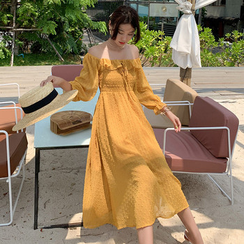 Alkalmi női ruha sárga színben, leesett ujjakkal