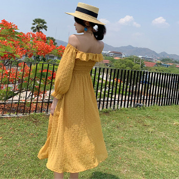 Alkalmi női ruha sárga színben, leesett ujjakkal