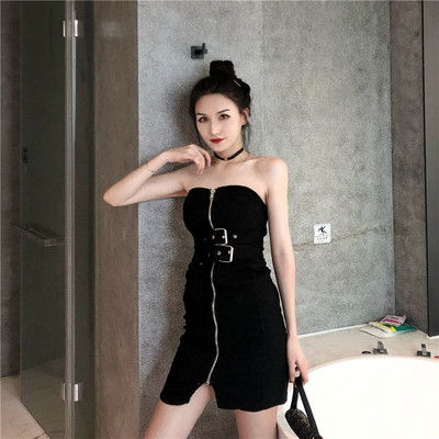 Rochie de dama fara bretele cu fermoar si curea in doua culori