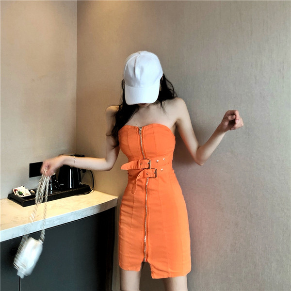 Rochie de dama fara bretele cu fermoar si curea in doua culori