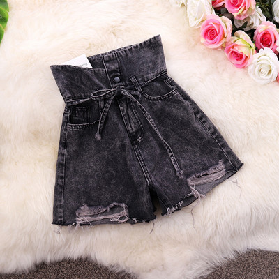 Blugi scurti moderni de dama cu talie inalta si sireturi in doua culori