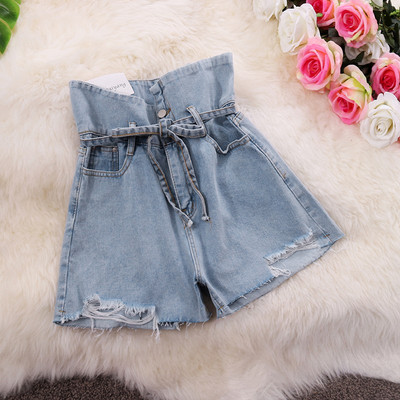 Blugi scurti moderni de dama cu talie inalta si sireturi in doua culori