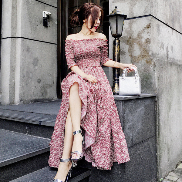 Rochie de damă de ultimă oră, decupată, roz, cu mâneci căzute