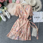 Rochie moderna de dama cu maneci scurte, panglica si motiv floral