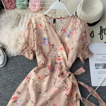 Rochie moderna de dama cu maneci scurte, panglica si motiv floral