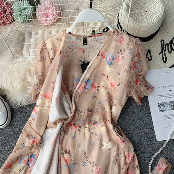 Rochie moderna de dama cu maneci scurte, panglica si motiv floral