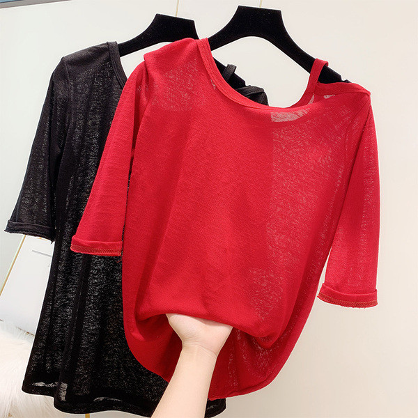 Bluza de dama cu maneci 3/4 in negru si rosu