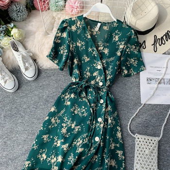 Rochie moderna de dama cu model floral de culoare verde