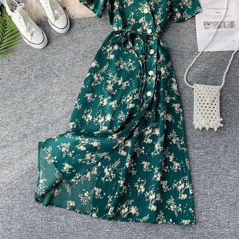 Rochie moderna de dama cu model floral de culoare verde