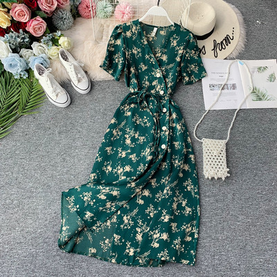 Rochie moderna de dama cu model floral de culoare verde