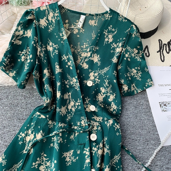 Rochie moderna de dama cu model floral de culoare verde