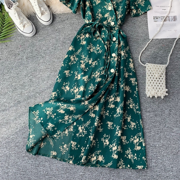 Rochie moderna de dama cu model floral de culoare verde