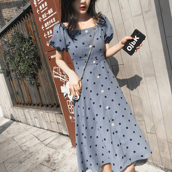 Rochie moderna de dama cu nasturi in albastru si alb