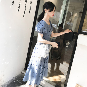 Rochie moderna de dama cu nasturi in albastru si alb