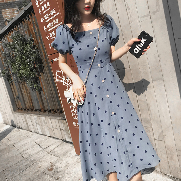 Rochie moderna de dama cu nasturi in albastru si alb