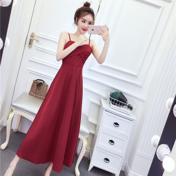 Rochie lunga de dama eleganta cu bretele subtiri in trei culori