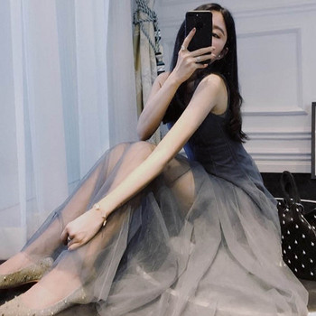 Актуална дамска дълга рокля в син цвят - разкроен модел