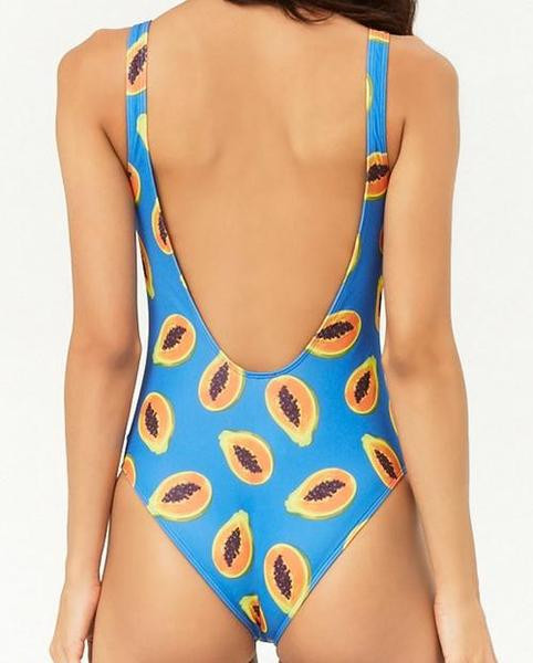 Costum de baie intreg de dama in albastru cu aplicatie papaya