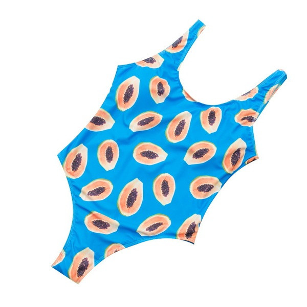 Costum de baie intreg de dama in albastru cu aplicatie papaya