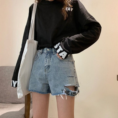 Blugi scurti moderni de damă cu talie înaltă și inscripție