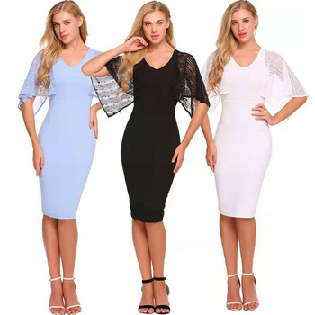 Rochie modernă de damă cu decolteu în V și mâneci căzute în trei culori