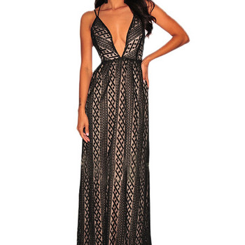 Rochie lunga de dama eleganta cu decolteu adanc in negru si roz