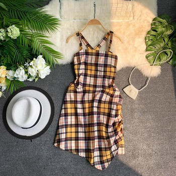 Rochie dama in carouri cu bretele incrucisate