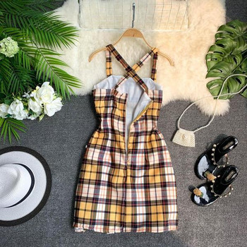 Rochie dama in carouri cu bretele incrucisate