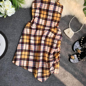 Rochie dama in carouri cu bretele incrucisate