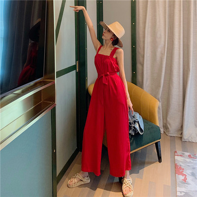 Salopetă modernă de damă cu bretele largi în roșu și negru