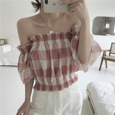 Bluza dama in carouri - model scurt cu umerii goi