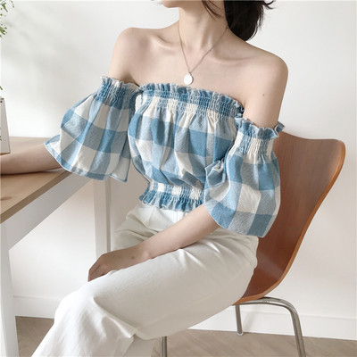 Bluza dama in carouri - model scurt cu umerii goi