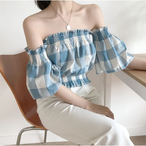 Bluza dama in carouri - model scurt cu umerii goi