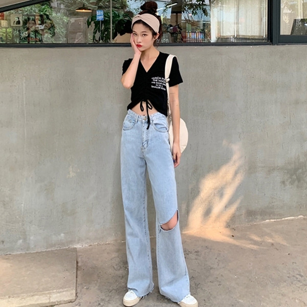 Blugi dama casual - model larg cu motive rupte