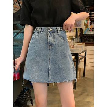 Fusta casual dama din denim cu talie inalta