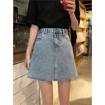 Fusta casual dama din denim cu talie inalta