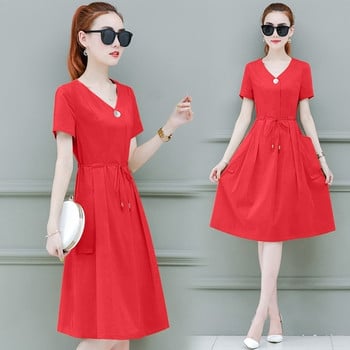 Ежедневна дамска рокля в три цвята с V-образно деколте