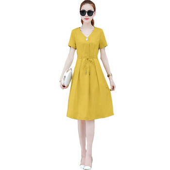 Ежедневна дамска рокля в три цвята с V-образно деколте