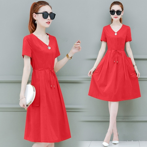 Ежедневна дамска рокля в три цвята с V-образно деколте