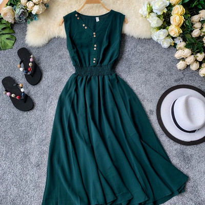 Rochie moderna de dama lunga cu nasturi si elastic